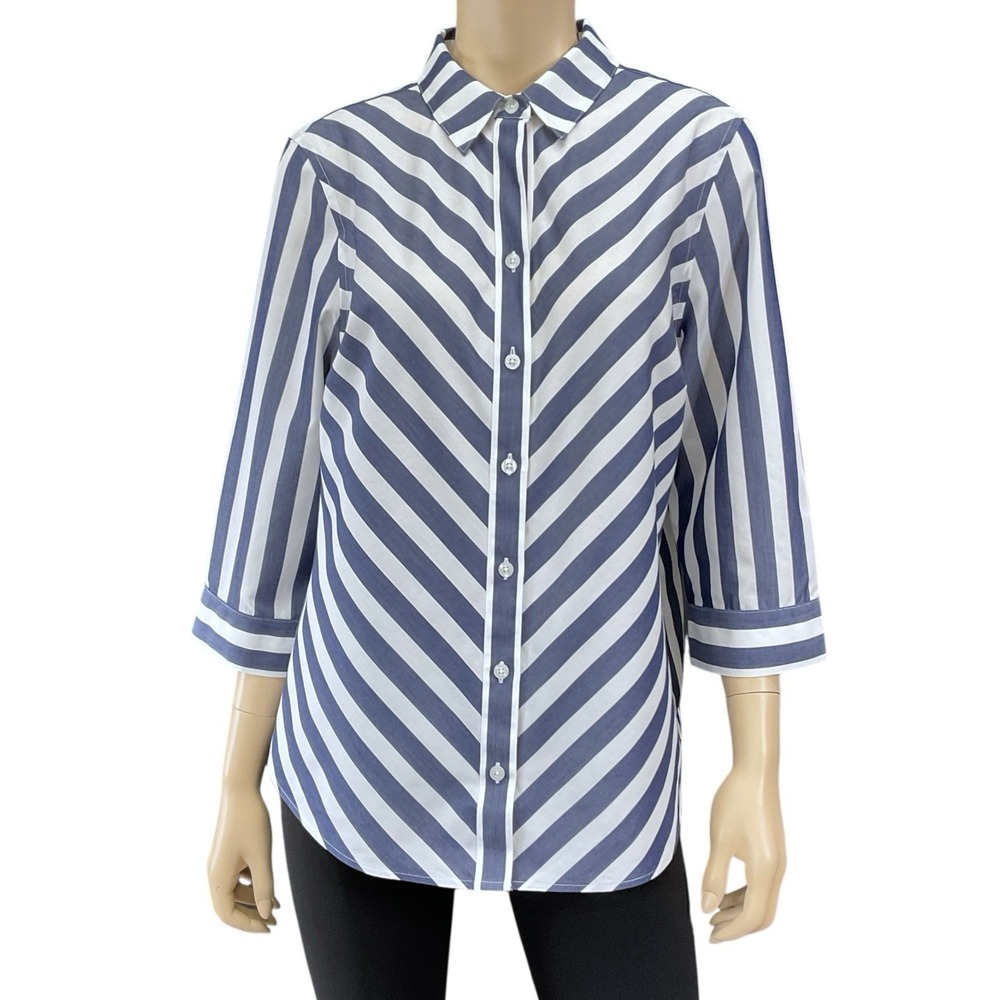 Chicos Button Down Shirt Women 16/XL 3/4 Sleeve Stripe Blue White Collared